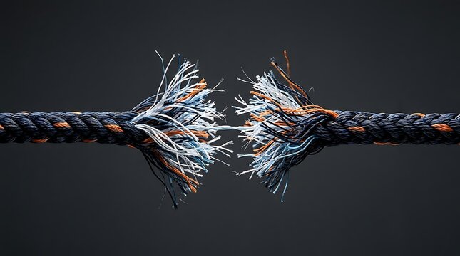 Torn rope fraying at the ends showing strands pulled apart representing strain stress or breaking point in a close up detailed shot on dark background.