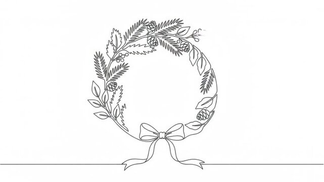 Continuous line of christmas wreath with pine cones and bow, minimalist holiday decorative animation