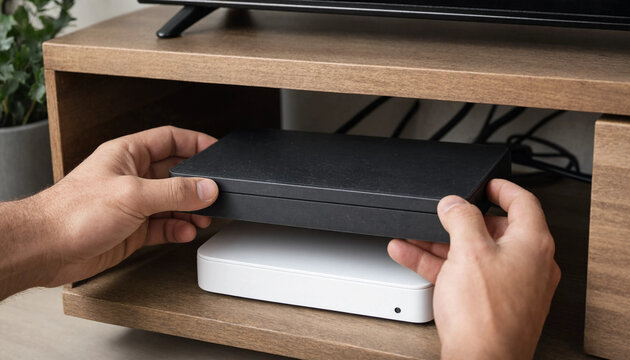Person placing a black network router on a wooden tv console shelf with internet equipment tv console home network internet connection wifi router tech setup broadband equipment internet