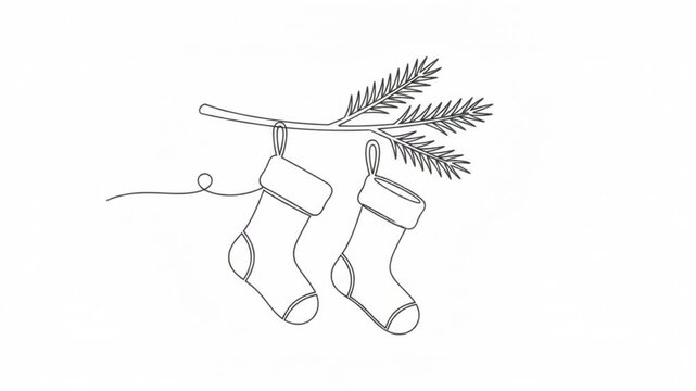 Minimalist christmas stockings hanging on pine branch continuous line animation holiday line continuous line