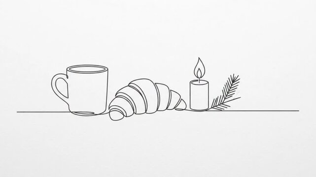 Minimalist one line of coffee cup, croissant, and christmas candle animation continuous line