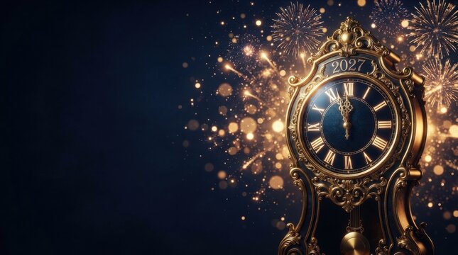 Vintage clock showing midnight with golden fireworks celebrating
