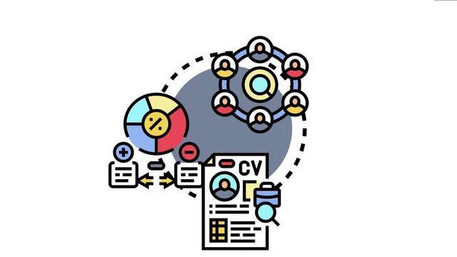 Icon concept organized movement and control of people, with a focus on human resources, application processes, and data analysis for efficient relocation and talent acquisition