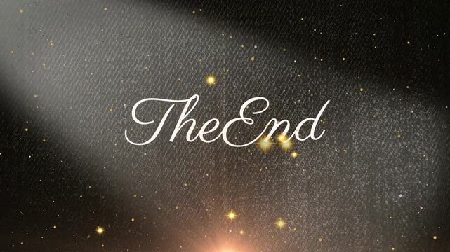 Typography stating the end displayed prominently across a dark textured background illuminated by soft theatrical lighting and scattered golden sparkles representing a final cinematic conclusion.