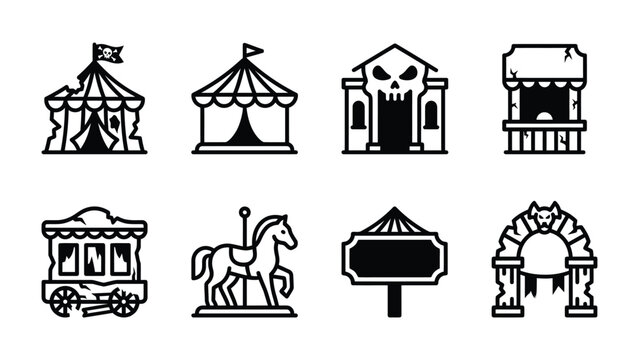 Carnival and Haunted House Icons: A set of eight graphic icons featuring a circus tent, haunted house, ticket booth, train car, carousel horse, and other carnival-themed elements.