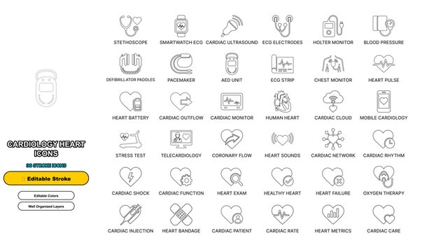 Cardiology heart healthcare line icon set with editable stroke. Cardiac ecg pulse, stethoscope examination, defibrillator for web ui design.