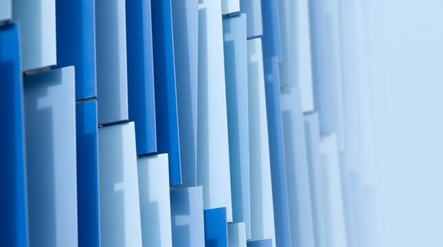 Blue rectangular prisms create an abstract architectural wall composition