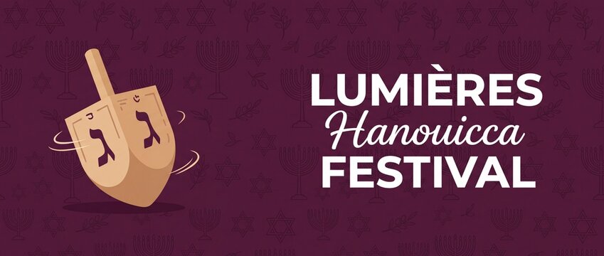 Hanukkah Dreidel Wooden Spinning Top spinning on purple background for Hanouicca Lumi&egrave;res Festival Jewish holiday celebration, menorah pattern vector graphic banner web header background design text