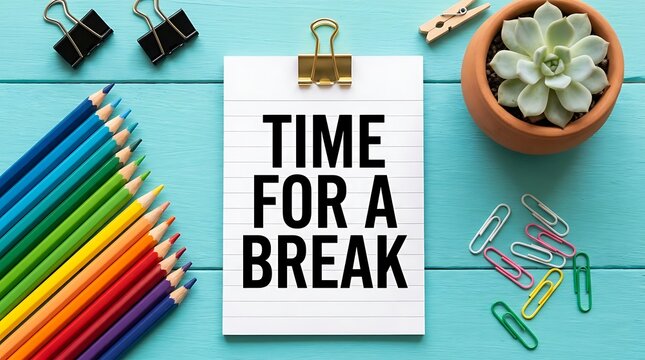 White notepad with printed words time for a break positioned on turquoise wooden surface surrounded by colorful pencils succulent plant and metal paper clips.