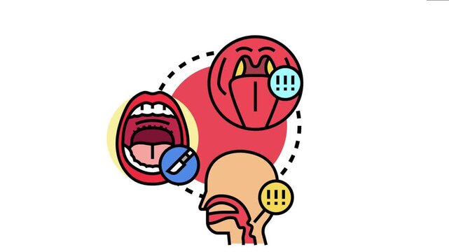 Human throat zone concept displaying an open mouth, a profile view of the larynx, and an internal view of the oral cavity focusing on medical examination and health concerns