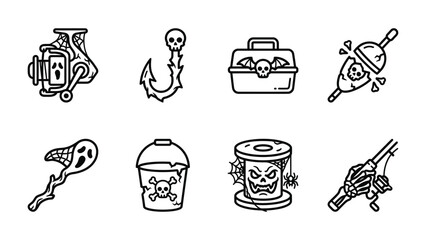 Spooky Fishing Gear Collection: A collection of quirky and eerie fishing equipment, including a ghostly reel, a skull-hook, a haunted tackle box, and a skeleton-hand rod. © Md