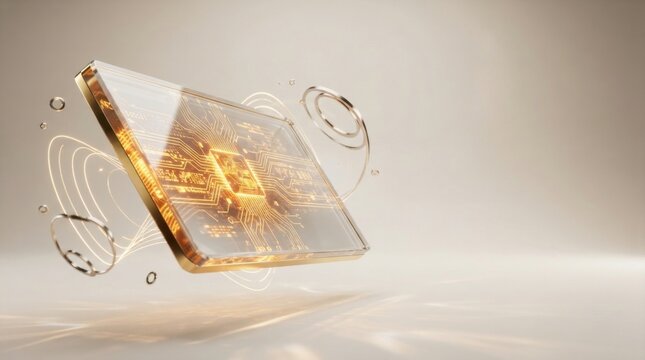Golden computer processor chip floating with abstract circular light lines