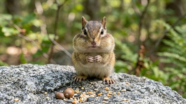 Adorable Eastern Chipmunk with Cheeks Full of Seeds Sitting on a Rock in a Lush Green Forest