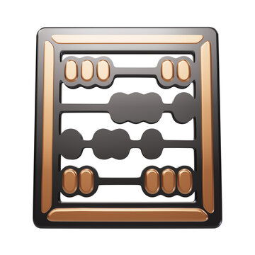A 3D rendered abacus icon with a dark frame and metallic gold beads, representing traditional calculation and mathematics on a white background isolated on a transparent background