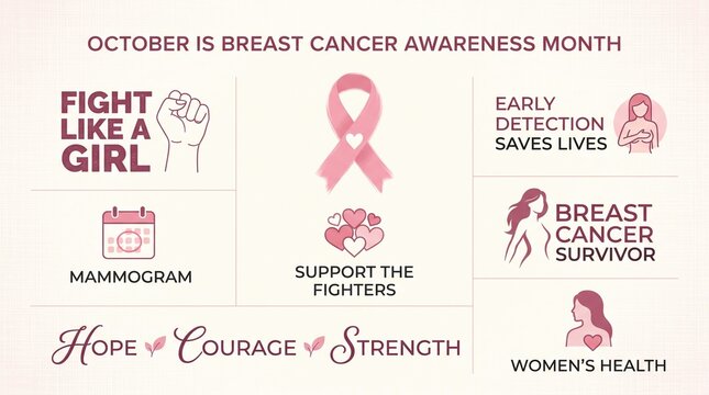 Breast Cancer Awareness Month infographic with pink ribbon and motivational quotes, women health education and medical screening campaign design elements.