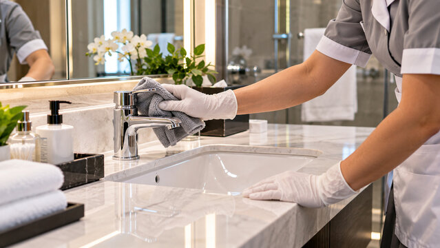 Hotel housekeeping worker cleaning bathroom sink in luxury guest room