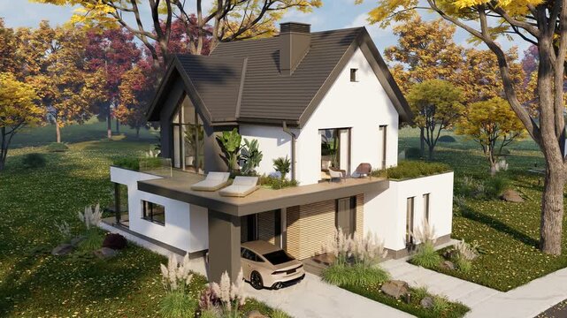 4K pan of a modern suburban house exterior in autumn. Features a white facade, warm wood accents, and an open carport, surrounded by vibrant yellow fall trees and a bright blue sky.