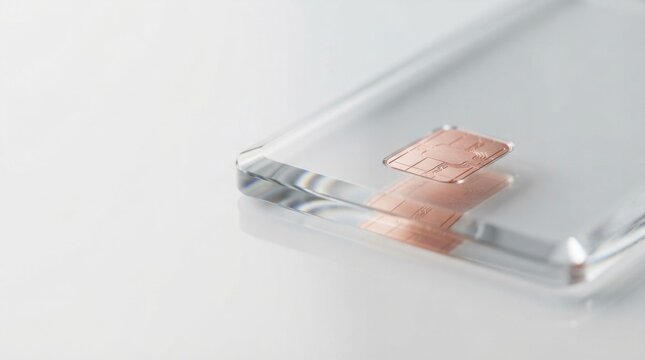 Clear glass credit card with a metallic security chip on a bright white background