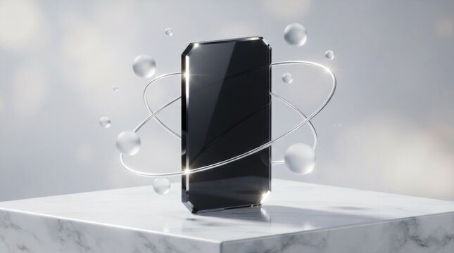 Black smartphone screen with floating glass spheres on a marble podium display base