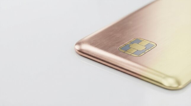 Close up of a metallic gold and rose gold credit card with a smart chip technology