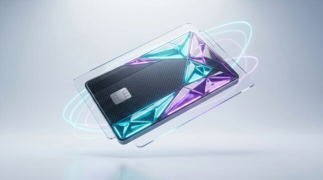 Modern credit card with a shiny geometric pattern isolated on a white background