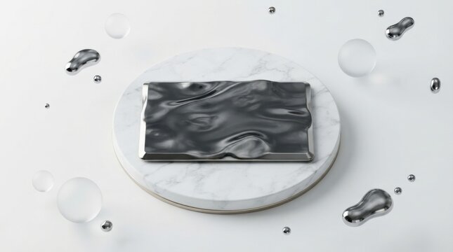 A rectangular silver liquid metal plate resting on a marble podium with liquid drops