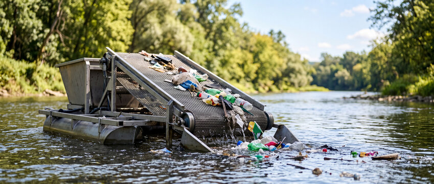 Mechanical river trash collector removing plastic debris from polluted waterway during environmental cleanup
