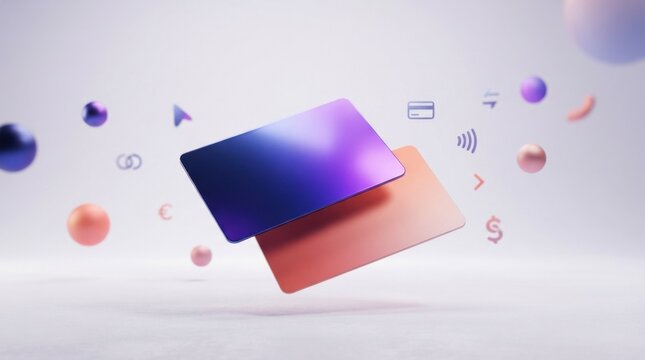 Two floating credit cards with digital finance icons on a soft light studio background