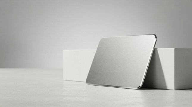 Empty brushed metal plate mockup resting against white blocks for product display