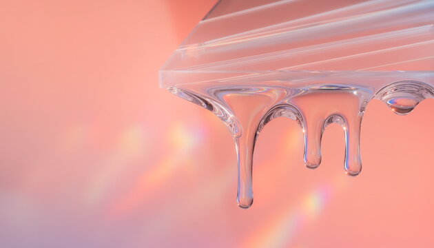 ピンクの背景に垂れ落ちる透明な液体のしずく