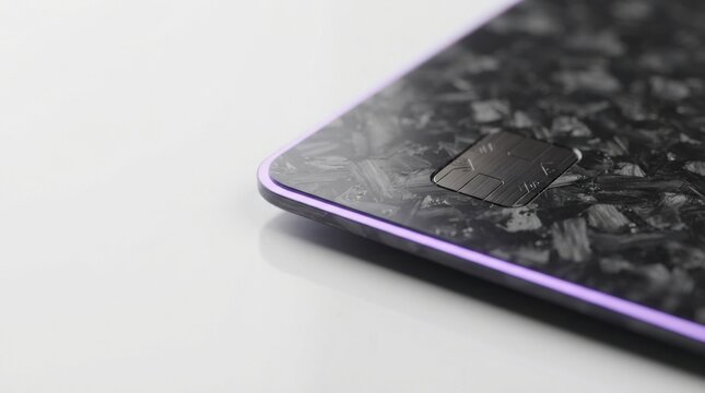 Modern black carbon fiber credit card with a chip isolated on a plain white surface