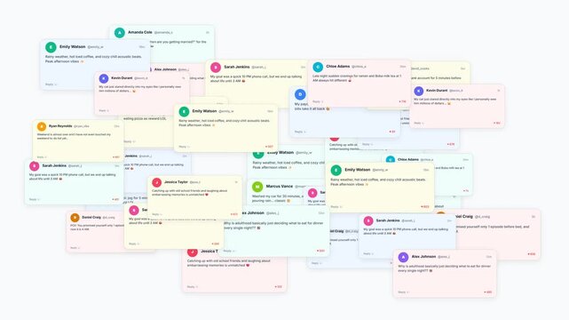 Social media user comments popping up. Modern viral message feed. Online community engagement stream. Public discussion chatter notifications. Light background composition. Comment card interface. 4K