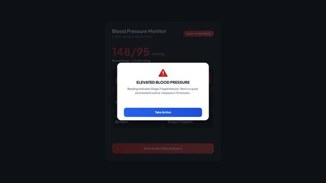 Elevated blood pressure warning animation. Dark mobile app. Hypertension medical tracker. Health alert popup dialog. White modal card. UI notification window. Cardiology app. 4K