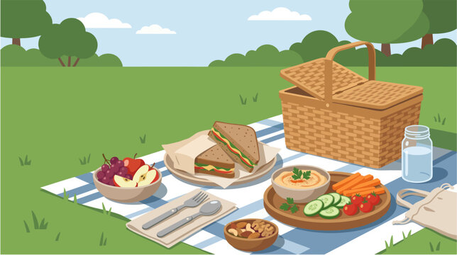 Vegan picnic basket with sandwiches, hummus, vegetables, fruit, nuts and reusable cutlery arranged on a picnic blanket in a green park, 2d flat vector illustration, World Vegan day
