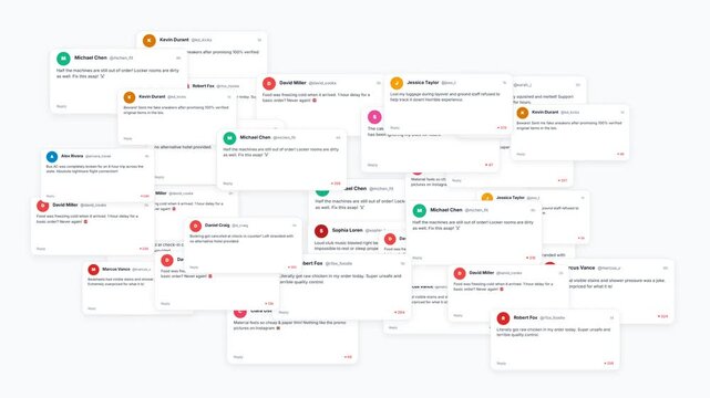 Negative customer feedback comments popup. Modern social media platform. Public relations crisis management. Bad online user reviews multiplier.Comment card interface. Customer experience grid. 4K