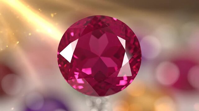 Macro view of a rotating red ruby gemstone with sparkling light facets