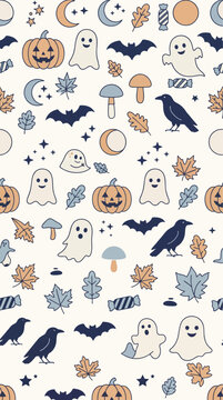 Seamless pattern featuring pumpkins, ghosts, bats, moons, stars, mushrooms, ravens, autumn leaves, and candy in a balanced repeating composition, 2d flat vector illustration, Halloween Party