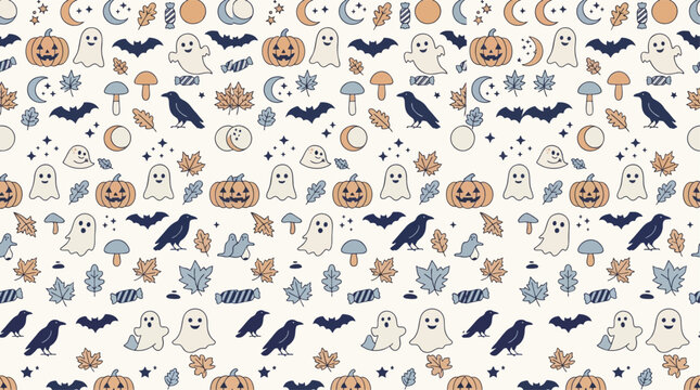Seamless pattern featuring pumpkins, ghosts, bats, moons, stars, mushrooms, ravens, autumn leaves, and candy in a balanced repeating composition, 2d flat vector illustration, Halloween Party