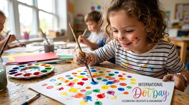 Young curly haired girl painting colorful dots on paper in school art class
