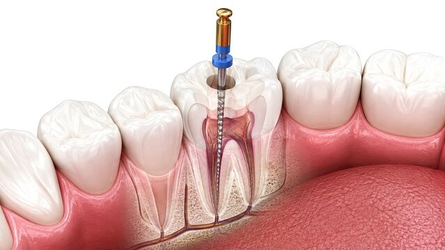 Dental tooth with root canal drill entering pulp chamber during endodontic treatment procedure isolated on white background