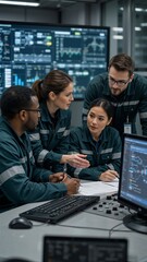 Obraz premium A diverse group of four engineers engaged in a focused discussion inside a modern control room filled with multiple large digital screens displaying data and graphs. The setting is professional and