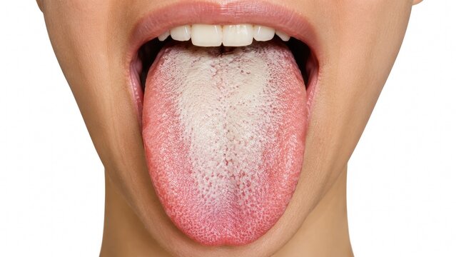 Close up view of tongue with thick white coating and visible taste buds inside open mouth isolated on white background
