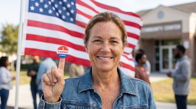 Smiling woman holding a voting sticker in front of an american flag with civic duty us flag united states civic action vote sticker democracy election patriotic political community national
