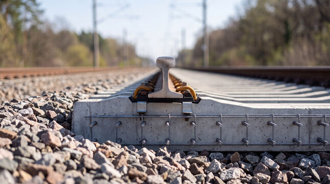 Cutaway of railway track and fastening system on ballast bed leading into distance