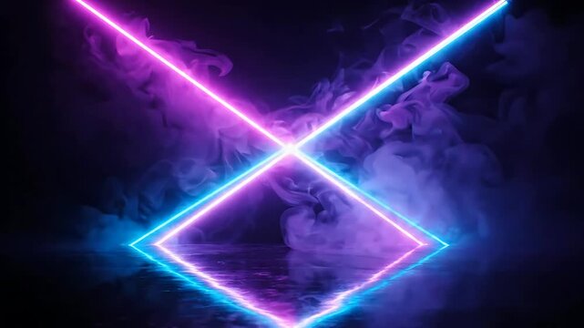 Animated Neon Lines Forming Diamond Shapes Within Swirling Smoke. Dynamic Looping Visual Effect with Vibrant Blue and Pink Hues.