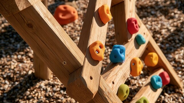 Close up of outdoor climbing wall with colorful grips