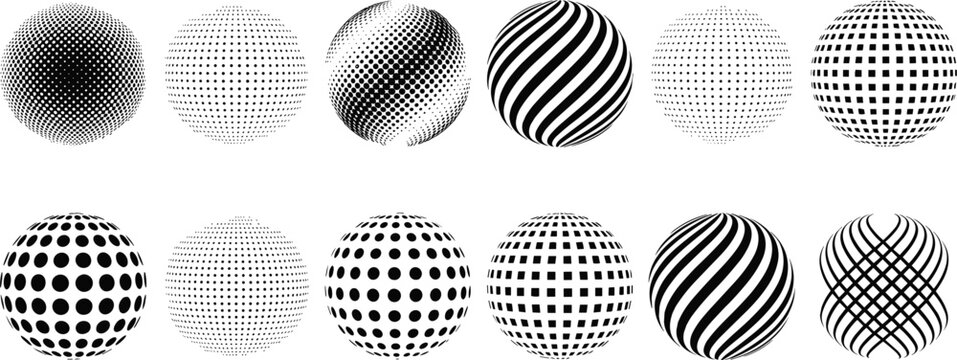 Halftone 3d sphere collection featuring dotted globe patterns spiral lines wave textures round geometric icons for modern technology artwork