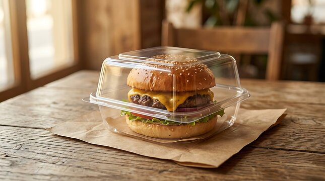Fresh cheeseburger in a clear plastic takeaway container sitting on a rustic wooden table in a cafe. clamshell packaging burgers