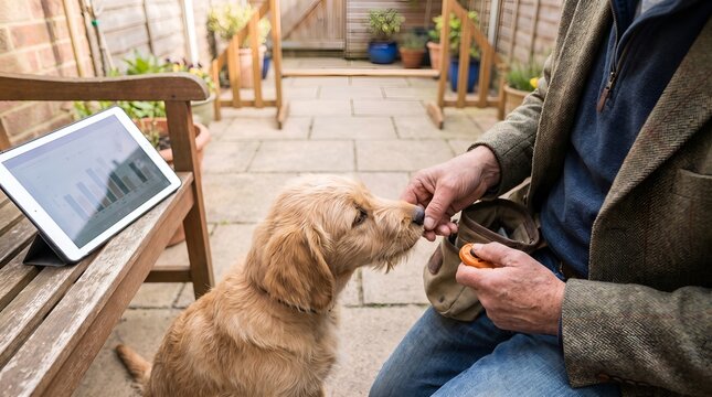Senior man training golden retriever puppy with clicker in home garden