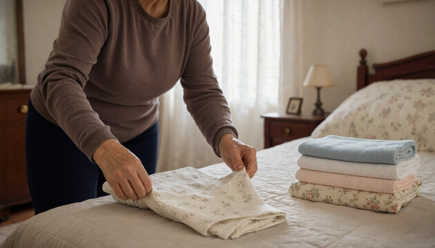 Woman folding clean linen and bedding on a bed with stacked textiles folding laundry linen storage bed sheets tidying up daily routine folded linens domestic life neat piles home care
